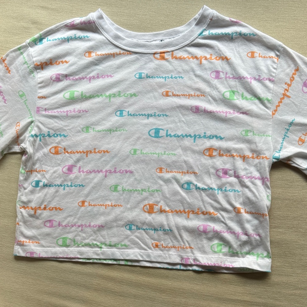 Champion White Crop Top with Colorful Logos